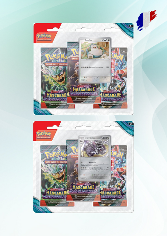 Tripack Mascarade Crépusculaire – Pokémon Écarlate & Violet (Ronflex ou Vrombotor promo)